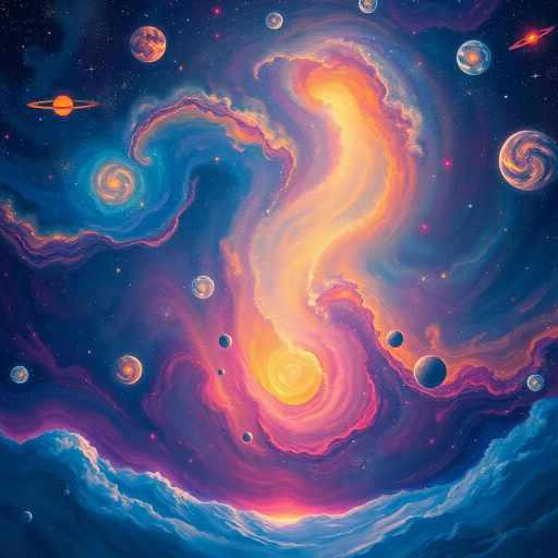 celestial landscapes, cosmic wonder, ethereal nebulae, Vincent van Gogh, surrealism, vibrant galaxies, starlit skies, luminous auras, swirling galaxies, deep space exploration, vivid color spectrum, interstellar mysteries, dreamlike worlds, universe's edge, mystical planets, glowing comets, the unknown universe, visual poetry, cosmic ballet, space-time continuum, expansiveness, astronomical phenomena, awe-inspiring vastness, celestial harmony, endless possibilities, imaginative frontiers