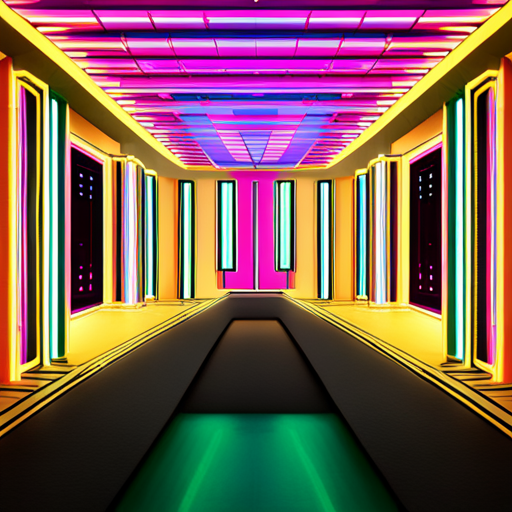 retro-future, Wes Anderson films, sci-fi, colorful, geometric, symmetrical, pastel colors, vintage technology, futurism, steam-punk, dystopia, ribbed textures, mid-century design, angular shapes, computer-generated graphics, neon lights, ombré, glitch art, 80s nostalgia