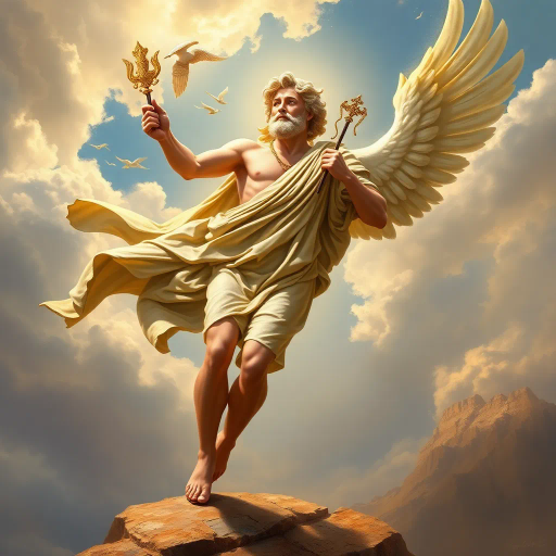 Hermes, Greek god, ancient mythology, divine messenger, wings on sandals, caduceus, swift movement, dynamic pose, classical antiquity, mythological figure, spiritual journey, open sky, ethereal glow, lively expression, flowing robes, bronze sheen, golden highlights, Hermes Trismegistus, Roman frescoes, Homeric influence, celestial ambiance, divine radiance, Olympian grandeur, Renaissance elegance, masterful brushwork, majestic presence, fluid motion, wind-swept landscape