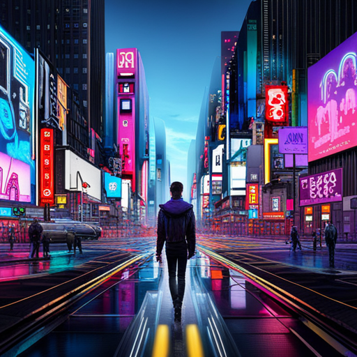 neon lights, cybernetic enhancements, dystopian society, hacker culture, augmented reality, AI, machine learning, coding language, digital currency, virtual reality, futuristic cityscape, glitch art, data privacy, blockchain technology, post-apocalyptic, biohacking, nanotechnology, quantum computing, synthetic intelligence