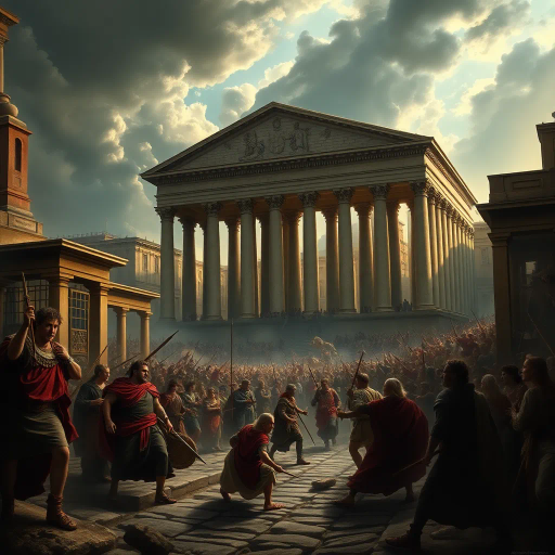 historical devastation, Alaric the Visigoth, ancient ruins, classical architecture, fiery inferno, chaos and turmoil, gothic shadows, sacking and looting, eternal city, Roman Empire, invasion, dramatic conflict, tumultuous skies, Rembrandt lighting, powerful emotions, ancient warfare, Caravaggio-inspired, chiaroscuro, symbolic destruction, fallen civilization, rich textures, monochromatic palette, intense drama, baroque influences, historical narrative, perspective of awe, melancholic atmosphere