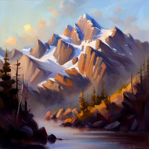 majestic peaks, rugged terrain, atmospheric perspective, muted colors, Impressionism, Hudson River School, light and shadow, texture, acrylic paint, landscape painting, naturalism, serenity, grandeur, scale, plein air, rocky outcroppings, dramatic sky, asymmetry, depth, soft brushstrokes, tranquility painting