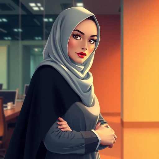 Hijab, Arab lady, work environment, high heels, smooth skin, elegance, contemporary fashion, vibrant colors, soft textures, realistic depiction, ambient lighting, modern composition, cultural attire, professional setting, confident pose, attention to detail, refined aesthetics, sophisticated elegance, Middle Eastern influence, dynamic perspective, stylish atmosphere, digital illustration