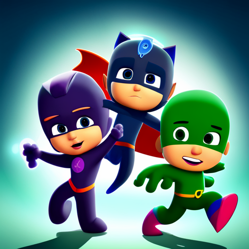 PJmask, cartoon, characters, animated, action, adventure, superhero, children's TV show, 3D animation, bright colors, dynamic poses, expressive faces, action-packed, masked heroes, transform, nighttime adventures, teamwork, heroism