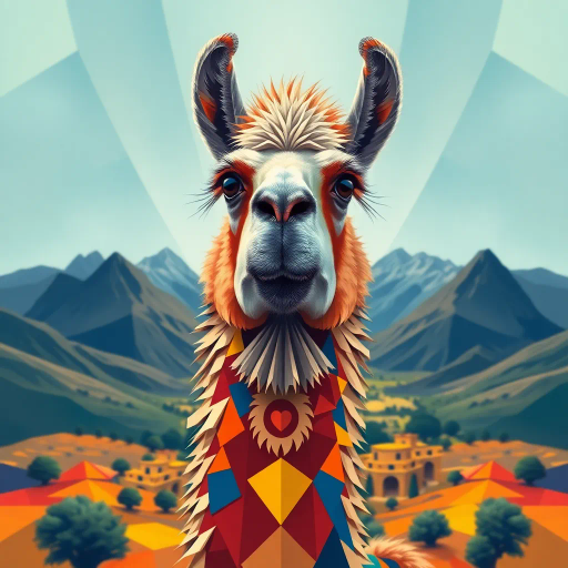 llama, geometric patterns, vivid colors, intricate details, surrealism, abstract shapes, Pablo Picasso, cubism, luminous lighting, dynamic perspective, bold lines, symmetry, Andean culture, mountainous landscapes, playful mood, flat geometric planes, contemporary art, vibrant texture, kaleidoscopic view, tessellation