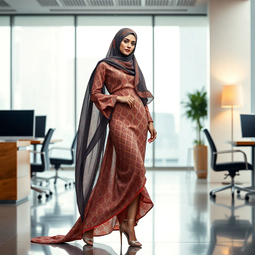 elegant Arab woman, professional attire, modern workplace, high heels, Middle Eastern influence, contemporary art style, intricate patterns, vibrant color palette, soft ambient lighting, cultural expression, dynamic posing, delicate textiles, confidence, empowerment, sophistication, grace, diverse cultural representation, cultural fusion, impressionism influences, human form depiction, balance and harmony, dynamic office environment, elegance, poise, detailed craftwork, modernism, cultural narrative, harmonious composition, vibrant textures
