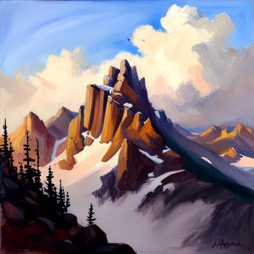 majestic peaks, rugged terrain, atmospheric perspective, muted colors, Impressionism, Hudson River School, light and shadow, texture, acrylic paint, landscape painting, naturalism, serenity, grandeur, scale, plein air, rocky outcroppings, dramatic sky, asymmetry, depth, soft brushstrokes, tranquility, digital medium, layered composition, vibrant color palette