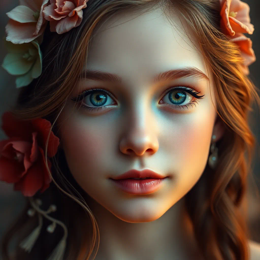 ethereal beauty, enchanting femininity, photorealistic detail, hyperrealism, delicate features, vibrant color palette, romanticism, luminous skin texture, renaissance influence, soft focus, gentle lighting, harmonious composition, serene expression, detailed fabric rendering, elegant posture, whimsical atmosphere, intricate linework, classic portraiture, emotional resonance, sophisticated elegance, vibrant realism