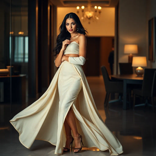 alluring Arab beauty, elegant Arabian muse, corporate attire, high heels, modern office, graceful poise, sensual elegance, Henri Matisse, Yves Saint Laurent, Hans Zatzka, Art Nouveau, Vermeer, intricate detail, ambient lighting, warm color palette, vibrant colors, intricate patterns, luxurious textures, sun-kissed skin, exotic allure, flowing lines, feminine power, refined grace, harmonious composition, cultural richness, dynamic composition, romantic ambiance, timeless grace, artistic expression, enchanting aura, captivating presence, contemporary aesthetics, soft curves, cultural identity, dynamic perspective, sophisticated minimalism, artistic serenity, luxurious setting, expressive body language