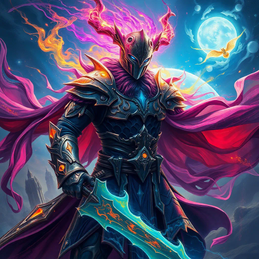 mystical warrior, intricate armor, vibrant energy, swirling colors, dynamic composition, dramatic lighting, ethereal glow, celestial environment, intense focus, medieval influence, expressive brushwork, cosmic elements, surreal landscape, heroic pose, intricate details, pulsating aura, neon hues, blending realism, fantasy theme