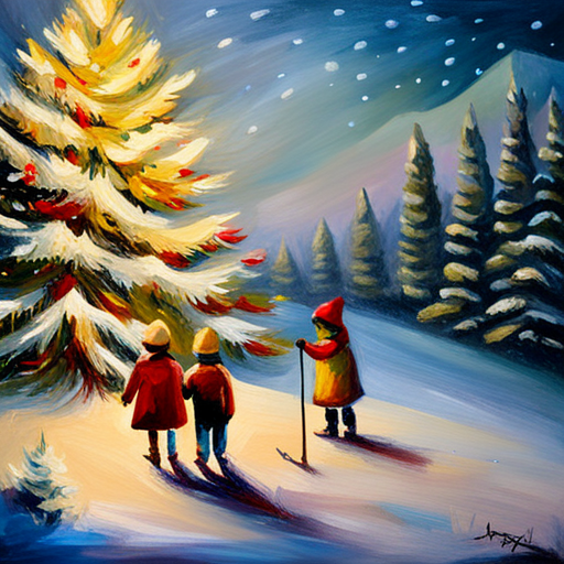 Winter, Children, Christmas Tree, Painting, Vintage, Oil on Canvas, Art, Fine Art, Impressionism, Realism, Snow, Joy, Happiness, Nostalgia, Warmth, Candlelight, Cozy, Traditional, Ornament, Festive, Celebration, Family, Home, Childhood, Seasonal, Illumination