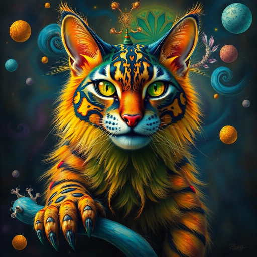 majestic feline, exaggerated proportions, vibrant fur, surreal colors, Salvador Dalí influences, intricate details, whimsical composition, ethereal lighting, fantastical realism, bold patterns, playful movement, dreamlike atmosphere, expressive eyes, imaginative texture, otherworldly environment