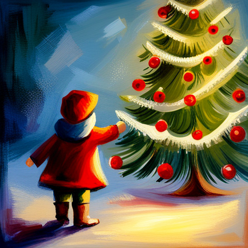 Winter, Children, Christmas Tree, Painting, Vintage, Oil on Canvas, Artistic Composition, Soft Lighting, Cozy Atmosphere, Nostalgic, Traditional Art, Holiday Theme, Precise Brushstrokes, Rich Colors, Detailed Texture, Warm Palette, Timeless, Classic, Romantic, Charming, Playful, Joyful, Cultural References, Large Scale, Traditional Medium, Framed, Naturalistic, Realistic, Winter Landscape