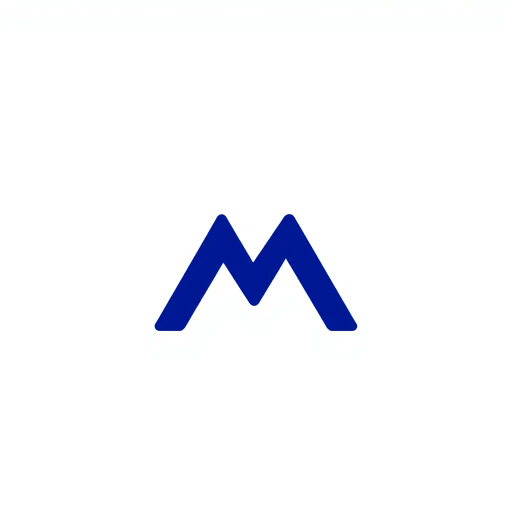 minimal M logo, perspective convergence, depth, hierarchy, solid indigo blue, geometric, modern tech design, flat vector, white background, Bauhaus influences, clean lines, symmetry, contemporary aesthetics, spatial innovation, futurism, precision, abstraction, innovative branding, structural elegance