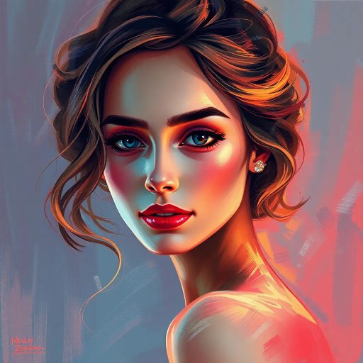 captivating elegance, vibrant brushstrokes, luminous glow, soft highlights, surreal portrait, impressionism, rich textures, ethereal beauty, curve of light, intricate details, emotional depth, contemporary flair, harmonious blend, atmospheric perspective, gentle motion, timeless allure, colorful palette, chiaroscuro technique, dreamlike essence, muted pastels, modern digital canvas, inspiring presence, elegant framing, imaginative composition, dynamic expression