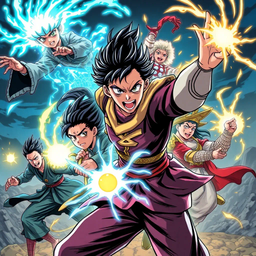 dynamic characters, intricate costumes, vibrant energy, vivid emotion, bold lines, expressive eyes, dramatic angles, energy bursts, vibrant colors, stylized action, cultural references, fantastical elements, modern storytelling, fluid motion, intense drama, character evolution, narrative depth, vibrant landscapes, animated world, stylistic exaggeration, Manga influences, deep shadows, contrasting tones, dynamic composition