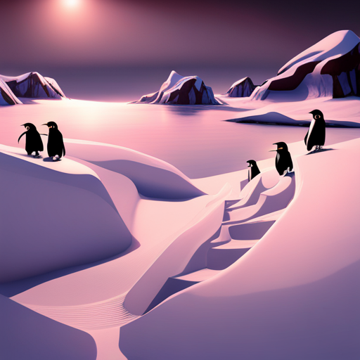 surrealism, winter wonderland, playful penguins, graphical style, Arctic animals, looping animation, sliding, comedy