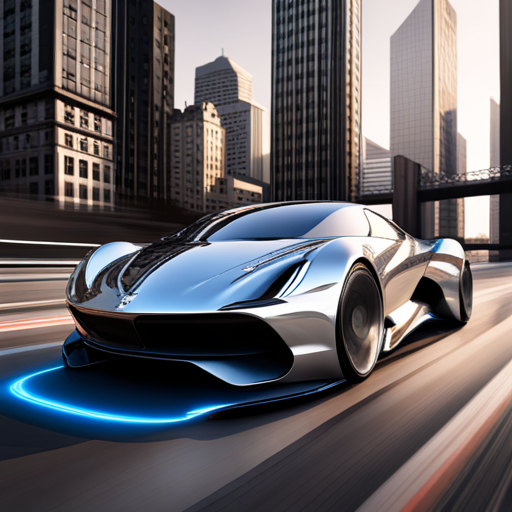 futuristic design, high-tech, sleek aerodynamics, asymmetry, carbon-fiber, holographic and neon-lit accents, levitation, dynamic and chrome-plated jet-inspiration, transparent and modular, fast movement, AI-controlled, sustainable materials