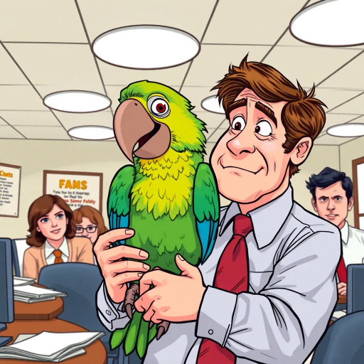 Michael Scott, parrot, vibrant colors, humorous expression, dynamic composition, satirical tone, sketch-like outlines, exaggerated features, playful mood, vibrant palette, tv sitcom influences, american office setting, character-centric, lighthearted ambiance, witty dialogue, interplay of humor and absurdity, The Office, satirical humor, Steve Carell, ensemble cast, mockumentary style, quirky everyday life, work environment, subtle irony, character dynamics, Dunder Mifflin, Scranton Pennsylvania, documentary filming, comedic timing, deadpan expression, cultural phenomenon, paper company, witty banter, office antics, relatable humor, office supplies, Jim Halpert, Pam Beesly, Dwight Schrute, team dynamics, overhead fluorescent lighting, mundane yet charming, round camera angles, workplace relationships, exaggerated expressions, dynamic panels, humor-driven narratives, pop culture references, iconic moments, quirky personalities, expressive line work, sequential art story