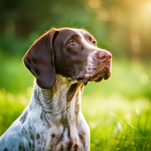 nature, animals, photography, portrait, dog, puppy, German shorthair pointer, cute, adorable, pet, wildlife, outdoor, playful, energetic, curious, sunlight, warm tones, close-up, furry, wagging tail, wet nose, expressive eyes