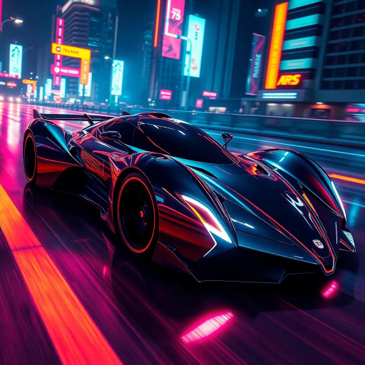 futuristic car design, sleek lines, chrome finish, vibrant neon highlights, dramatic lighting, dynamic movement, aerodynamic shape, retro-futurism, precision engineering, urban environment, concept art, high-tech materials, hyper-realistic detailing, modern aesthetics, speed and agility, metallic textures, ambient atmosphere, avant-garde composition, illuminated cityscape, art deco influences