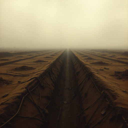 World War I, no man's land, muddy terrain, shell holes, somber, atmospheric perspective, muted color palette, sepia tones, historical influence, war imagery, chaos, trench warfare, dramatic lighting, low angle perspective, Gertrude Käsebier influence, textural detail, desolation, barbed wire, muddy textures, emotional intensity, overcast skies, smoky air, sorrowful mood, historical realism, Claude Monet influence, dynamic composition, earth tones, vast expanse, endless horizon, visceral experience
