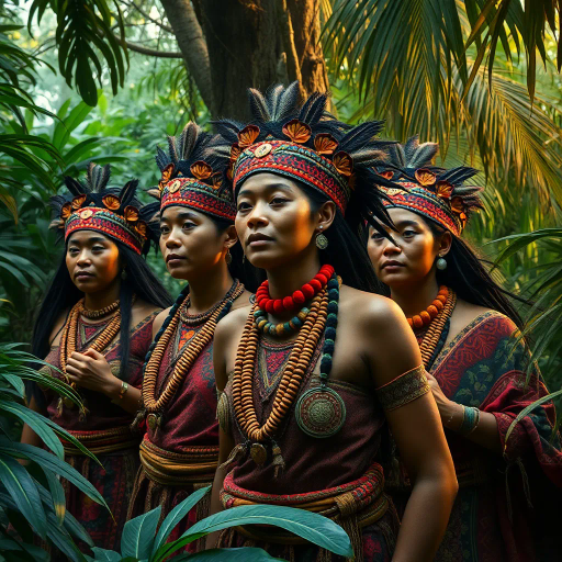 ancient rainforest, deep green foliage, cultural tapestry, peaceful harmony, intricate beadwork, tribal wisdom, natural dyes, sunlight filtering, vibrant earth tones, indigenous motifs, serene beauty, harmonious coexistence, lush vegetation, cultural preservation, storytelling through art, nature's embrace, traditional craftsmanship, spiritual connection, delicate patterns, historical significance, evocative textures, celebration of heritage, cultural narrative, freedom of spirit