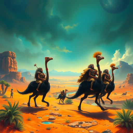 ancient warriors, clad in animal skins, riding cassowaries resembling dinosaurs, oasis setting, desert horizon, dramatic light, epic scale, vivid colors, imaginative mythological narrative, dynamic movement, prehistoric landscape, tribal culture, intense atmosphere, surreal imagery, panoramic view, mystical aura, primal energy, textured surfaces, cinematic framing, adventurous spirit, untamed wilderness, rich detail, surrealism, Jean Giraud influence, expressive brushstrokes, daring storytelling, exotic flora, whimsical creatures, Maurice Sendak, Maxfield Parrish, vibrant desert hues, Salvador Dali surrealism, twilight glow, illusionary shapes, Mesopotamian influence, reflective water, dreamlike atmosphere, imaginative exploration, convergence of eras, mythical and fantastical world-building