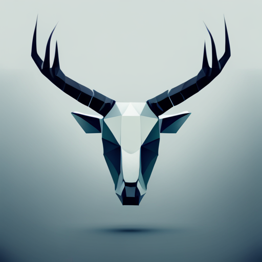 A dynamic composition of a small, abstract robot with goat-like antlers, rendered with sharp, faceted polygons in a limited color palette and vector graphics. Inspired by the geometric shapes of cubism and the low-poly art style of the 90s, with a nod to surrealist art and mythological symbolism.