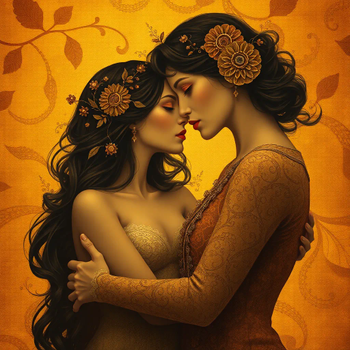 surreal romance, ethereal beauty, evocative passion, Gustav Klimt, Art Nouveau, warm golden hues, intricate patterns, delicate textures, intimate atmosphere, flowing forms, soft focus, dreamy ambiance, allegorical symbolism, organic curves, sensual elegance, lush environments, enchanting allure, compelling emotion, mysterious undertones, gentle movement, timeless elegance, lavish details, artistic grace