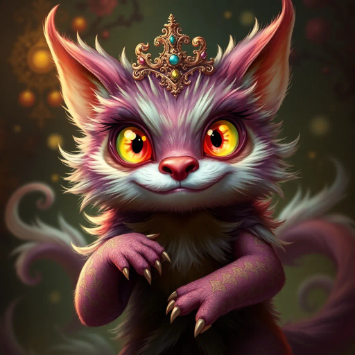 anthropomorphic character, lush fur textures, vibrant colors, baroque influence, dynamic lighting, fantasy elements, intricate details, exaggerated proportions, whimsical, surreal, captivating eyes, playful expression, creature design, rich patterns, character design, imaginative anatomy, digital illustration, ethereal ambiance, storytelling, visual narrative