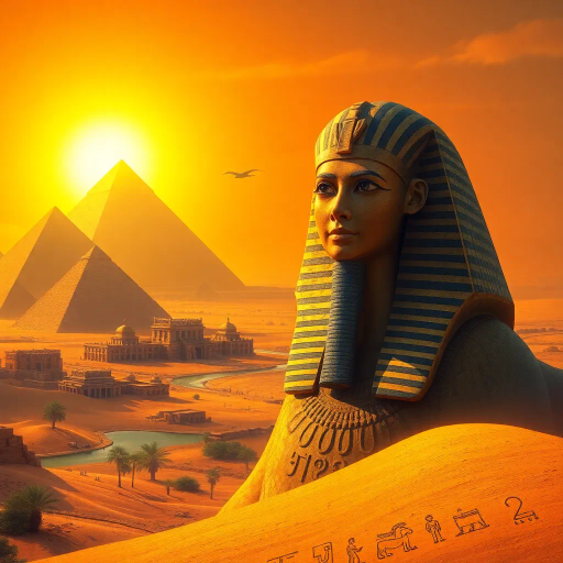 ancient Egypt, pharaoh, mystical, desert landscape, golden sands, pyramids in distance, hieroglyphics, intricate detail, vibrant hues, rich color palette, surreal lighting, magic, sphinx, sun-kissed stone, timeless, divine symbolism, echoes of history, mystical atmosphere, intricate patterns, divine geometry, cultural heritage, mythological essence, spiritual aura, timeless architecture, ancient civilization, ceremonial, ethereal glow, divine presence, artistic grandeur, desert mystique, historical reverence, legendary tales