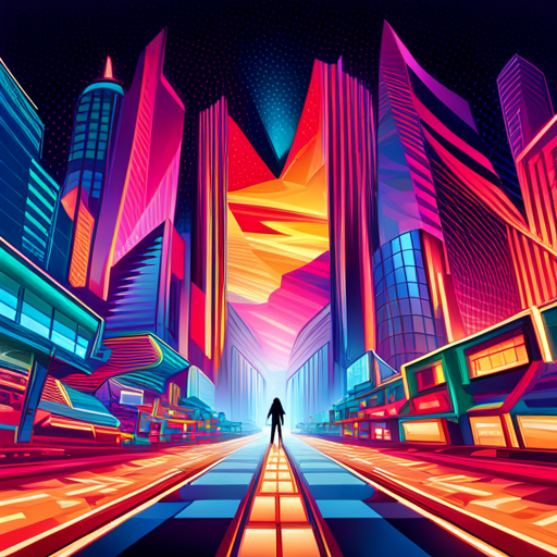 retrofuturism, abstract, vector, cyberpunk, technology, futuristic, neon, vaporwave, glitch art, geometric shapes, electric colors, synthwave, dark cityscapes