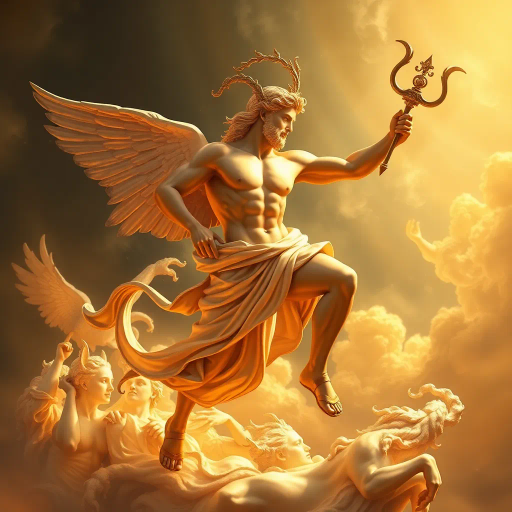 Hermes, Greek god, ancient mythology, divine messenger, wings on sandals, dynamic pose, classical antiquity, mythological figure, spiritual journey, ethereal glow, lively expression, flowing robes, bronze sheen, golden highlights, Roman frescoes, Homeric influence, celestial ambiance, divine radiance, Olympian grandeur, Renaissance elegance, masterful brushwork, majestic presence, fluid motion, wind-swept landscape, fantasy panorama, enchanted skies, high contrast lighting, Baroque dynamism, ethereal elements, classical references, mythological symbolism, emotional depth, artistic mastery