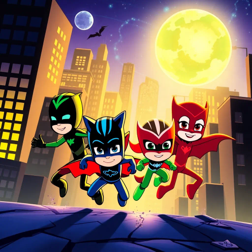 PJ Masks, heroic, planet-saving, dynamic action, vibrant colors, bold outlines, night-time setting, lighting effects, retro comic style, children superheroes, teamwork, vibrant cityscape, intricate detailing, pop art influences, high contrast, focal characters, narrative depth, energetic composition, engaging storytelling, whimsical elements, fictional universe