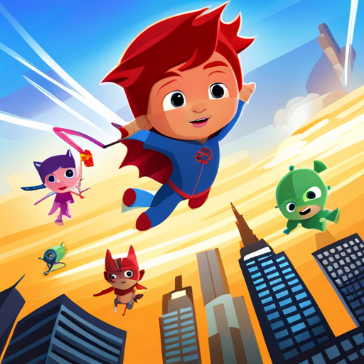 pjmasks, saving the planet, superheroes, action, adventure, colorful, dynamic, vibrant, children's show, animated, brave, teamwork, masks, costumes, heroic, powers, villains, justice, mission, mission control, daytime, cityscape, skyline