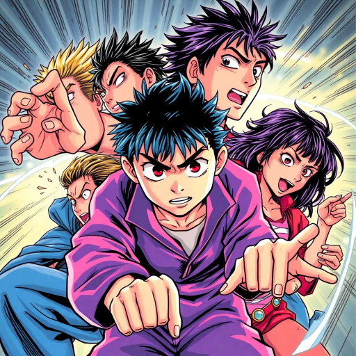 dynamic characters, intricate costumes, vibrant energy, vivid emotion, bold lines, expressive eyes, dramatic angles, energy bursts, vibrant colors, stylized action, cultural references, fantastical elements, modern storytelling, fluid motion, intense drama, character evolution, narrative depth, vibrant landscapes, animated world, stylistic exaggeration, Manga influences, deep shadows, contrasting tones, dynamic composition