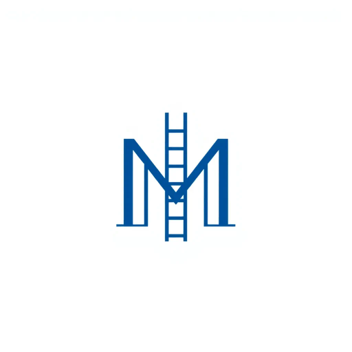 abstract, minimalist logo, geometric letter M, thin horizontal lines, hierarchy, ladder rungs, solid indigo blue, crisp vector design, white background, modern typography, Bauhaus influence, clean composition, precise geometry, vector graphics, contemporary aesthetic, graphic design, minimalism, line weight variation, symbolic representation, structured layout