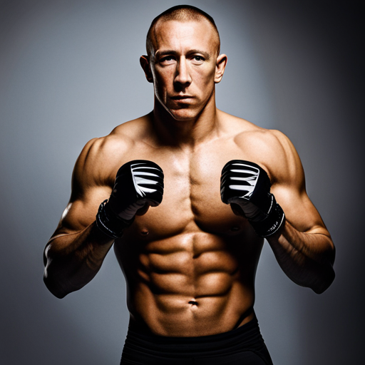 A black and white portrait of Georges St-Pierre, taken from a low angle, emphasizing his intense facial expression and muscular build. The lighting is dramatic, with deep shadows and stark highlights, creating a sense of both danger and power. The background is blurred out, with only a hint of a boxing ring visible, suggesting that GSP is fully focused on the fight ahead. The composition is asymmetrical, with GSP positioned off-center, but his gaze firmly towards the viewer. The only visible texture is the fine grain of the film, reminiscent of classic boxing photography.