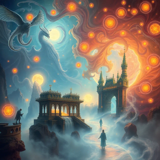 mystical landscape, hidden valleys, shimmering waters, enchanted forest, soft ethereal glows, Claude Monet, dreamy atmospheres, Art Nouveau influences, pastel hues, intricate details, flowing lines, mystical aura, surreal compositions, celestial light, magical creatures, poetic ambiance, limitless horizons, enchanting melodies of nature, divine beauty, transcendent experience, surreal storytelling, timeless enchantment, mystical journey, wondrous exploration