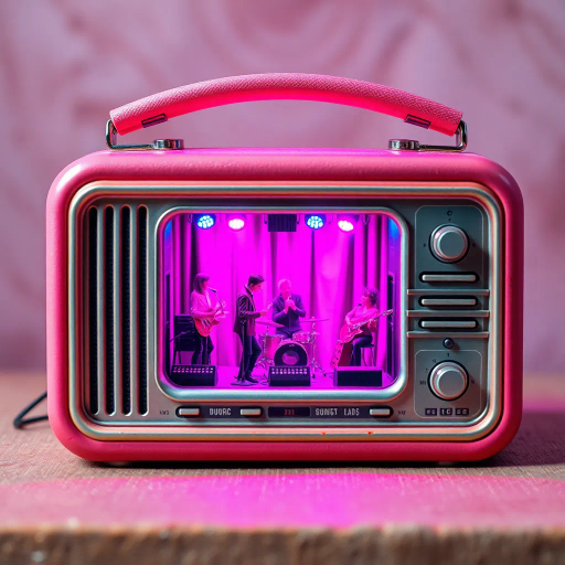 vintage radio, miniature concert scene, performing band, stage performance, vibrant spotlights, pink blue purple lighting, retro-futurism, surreal composition, mid-century design, nostalgic vibe, neon glow, dynamic movement, artistic expression, framed scene, intricate details, cultural resonance, lively atmosphere, textured materials, symbolic presentation, whimsical imagination, immersive experience, hybrid technology, juxtaposition, nostalgic era, animated storytelling, visual spectacle, ambient energy, mid-century modern, futurist architecture, neon-art, nostalgic surrealism, vibrant hues, intricate craftsmanship, avant-garde, optical intrigue, immersive synthesis, mesmerizing aura