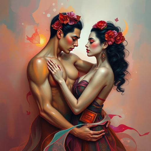 surreal, ethereal, dreamscape, vibrant colors, atmospheric lighting, whimsical elements, harmonious composition, flowing forms, mythological figures, fantasy realms, romanticism, emotional depth, imaginative scenes, art nouveau influences, Gustav Klimt, emotional resonance, narrative storytelling, organic textures, soft focus, sensual undertones, expressive brushwork