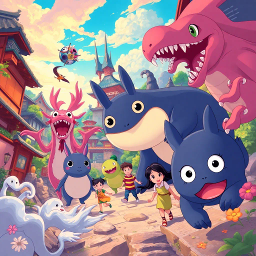 vibrant colors, dynamic composition, Studio Ghibli inspiration, detailed environments, expressive character designs, emotional depth, fantastical themes, cultural motifs, fluid motion, nostalgic atmosphere, distinctive line art, otherworldly settings, intricate detailing, magical realism, retro-futuristic elements, storytelling focus, character-driven narrative, visual storytelling, imaginative landscapes, enchanting creatures