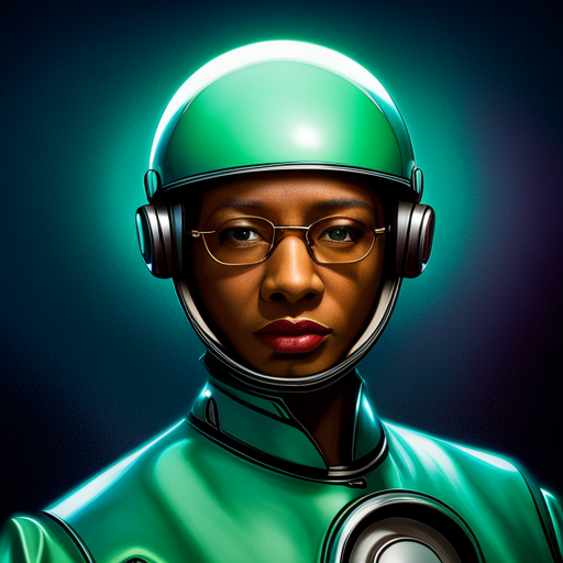 1970's, sci-fi, robot, portrait, studio light, emerald colored background, retro-futuristic, vintage, metallic, futuristic technology, human-like, mechanical, science fiction, artificial intelligence, sci-fi movie poster, cybernetics, neon lighting, nostalgia, analog aesthetic