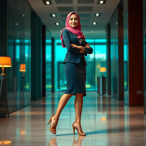 elegant Arab woman, sophisticated hijab, modern workplace, professional attire, high heels, Middle Eastern influence, contemporary art, intricate patterns, vibrant colors, soft lighting, dynamic pose, Impressionism influences, delicate fabrics, confident and empowering presence, cultural expression, diverse representation, cultural fusion, modernism, grace and poise, harmony, balance, cultural narrative, advanced digital techniques, refined textures, bold symbolism, inspired by Gustav Klimt, Art Nouveau elegance, surreal lighting, empowered femininity, rich textures, fluid movement, intricate details, cultural symbolism, confident aura, dynamic composition