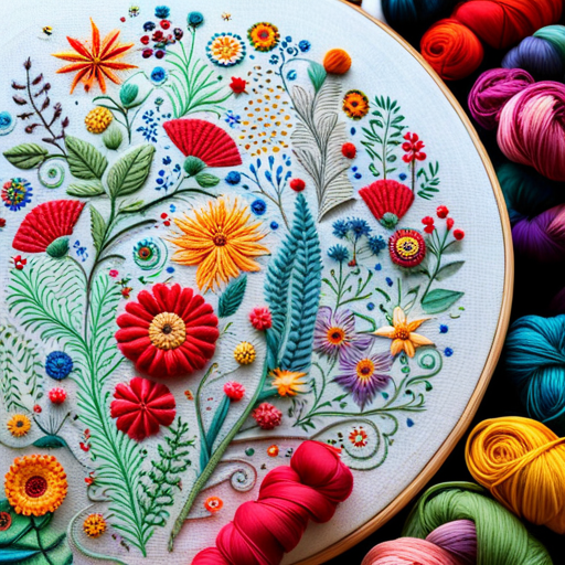 embroidery pattern, wildflower meadow, floral motifs, delicate stitches, intricate detailing, vibrant colors, nature-inspired, handmade, textile art, organic shapes, traditional craft, vintage aesthetic, botanical elements, floral composition, intricate patterns, textile design, artistic embellishments line-art