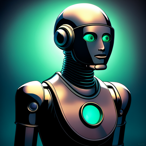 1970's, sci-fi, robot, portrait, studio lighting, emerald background, retro-futuristic, metallic, chrome, vintage, cybernetic, futuristic technology, artificial intelligence, neon accents, geometric shapes, electronic circuitry, analog dials, glowing eyes