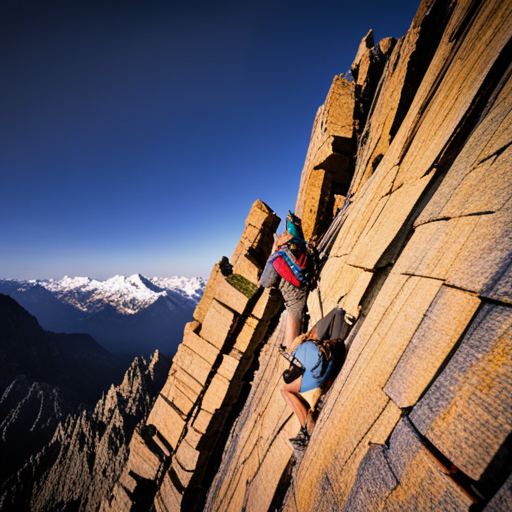 Solo adventurist climbs steep rocky terrain, exploring the natural diverse formations, from rocky cliffs to sharp crevices, capturing the daunting peaks illuminated by the sun's radiant and dramatic directional lighting, as they ascend towards the treacherous summit. 