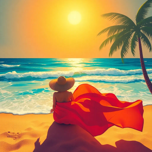 sunlit beach, vibrant colors, ocean breeze, carefree joy, summer glow, contemporary fashion, leisure and relaxation, tropical paradise, sandy textures, azure seas, dynamic female figure, graceful pose, shimmering waves, warm sunlight, Henri Matisse, modern impressionism, idyllic setting, lighthearted mood, rich details, playful composition, fluid movement, oceanic palette, vibrant hues