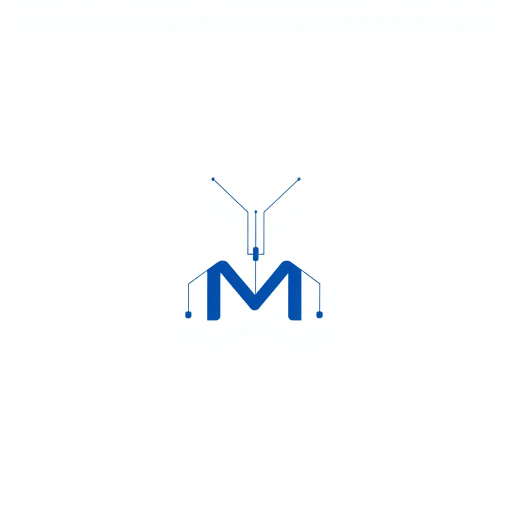 abstract letter M logo, parent node, child nodes, thin branching lines, tree hierarchy, indigo gradient, minimal vector design, white background, geometric abstraction, modernist influence, Bauhaus, clean lines, connection symbolism, hierarchical structure, conceptual design, negative space, visual balance, contemporary aesthetics